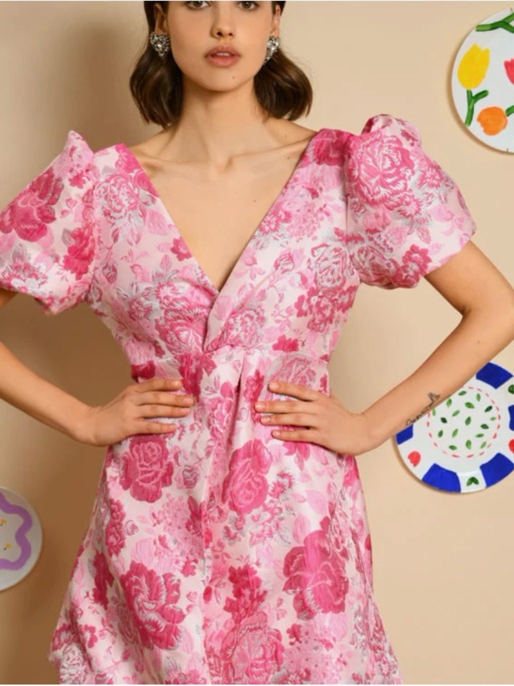 Sister Jane Pink Floral V-Neck Puff Sleeve Mini Dress